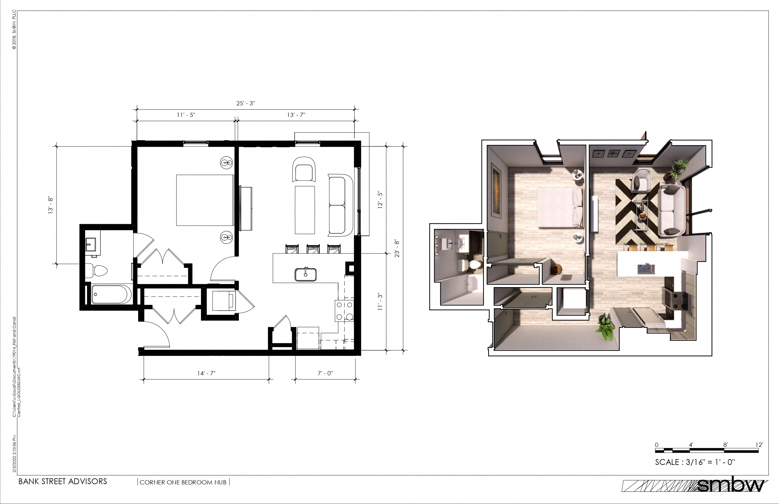 Floor plan for 1 bed, 1 bath, 707 sqft